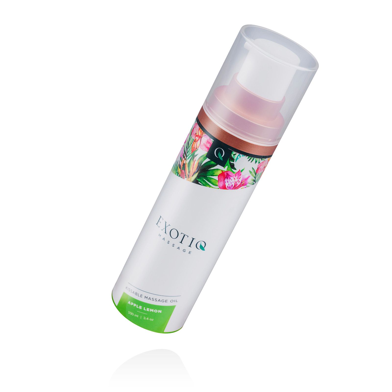 Massageöl-Flasche mit floralem Design und transparentem Deckel. Aufschrift: EXOTIQ, Aroma Apfel Limone.