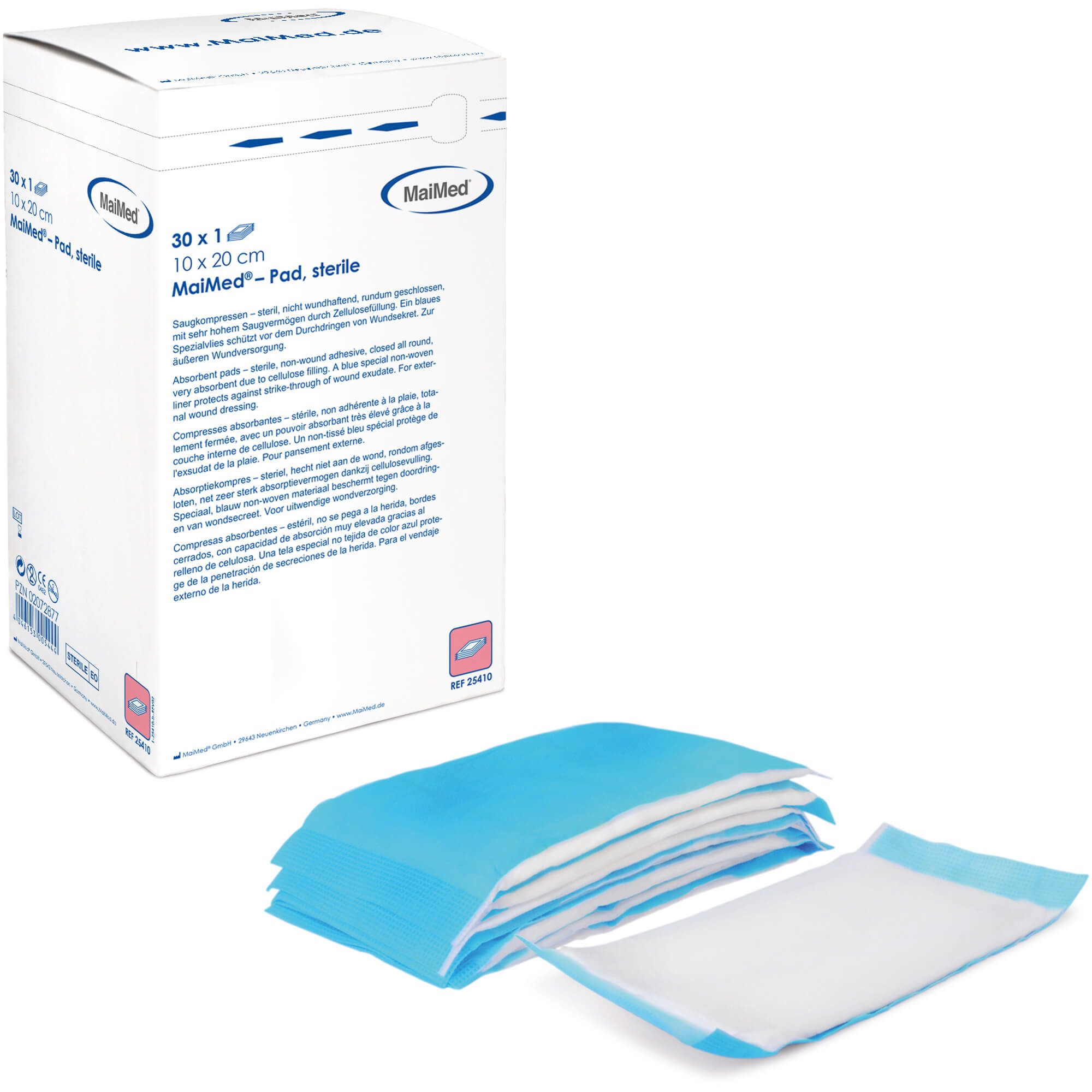 Verpackung mit MaiMed Pad Saugkompressen steril. Blaue Kompressen liegen daneben. 10 x 20 cm.