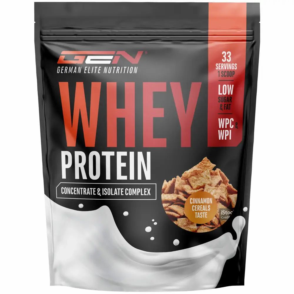 Schwarze Tüte mit GEN Whey Protein. Aufschrift: Whey Protein, 33 Portionen, Low Sugar & Fat, WPC/WPI. Abbildung von Zerealien.