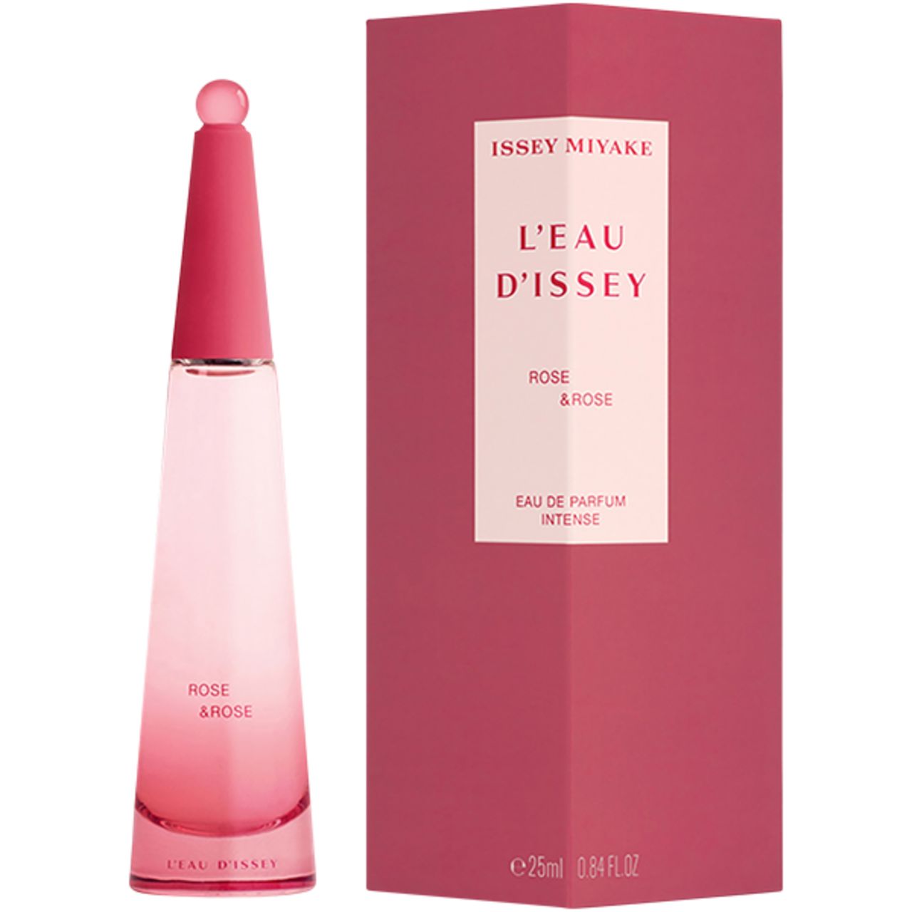 Rosa Flakon neben rosa Verpackung. Aufschrift "Issey Miyake L'Eau d'Issey Rose&Rose".