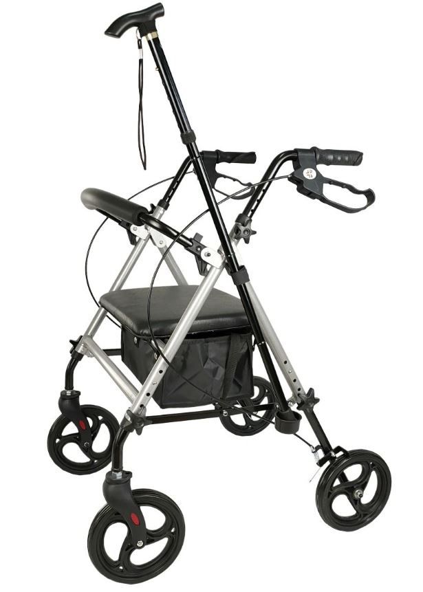 Rollator mit 4 Rädern, schwarzem Sitz und Tasche. Stockhalterung. Griffe mit Bremsen. Aluminiumrahmen.