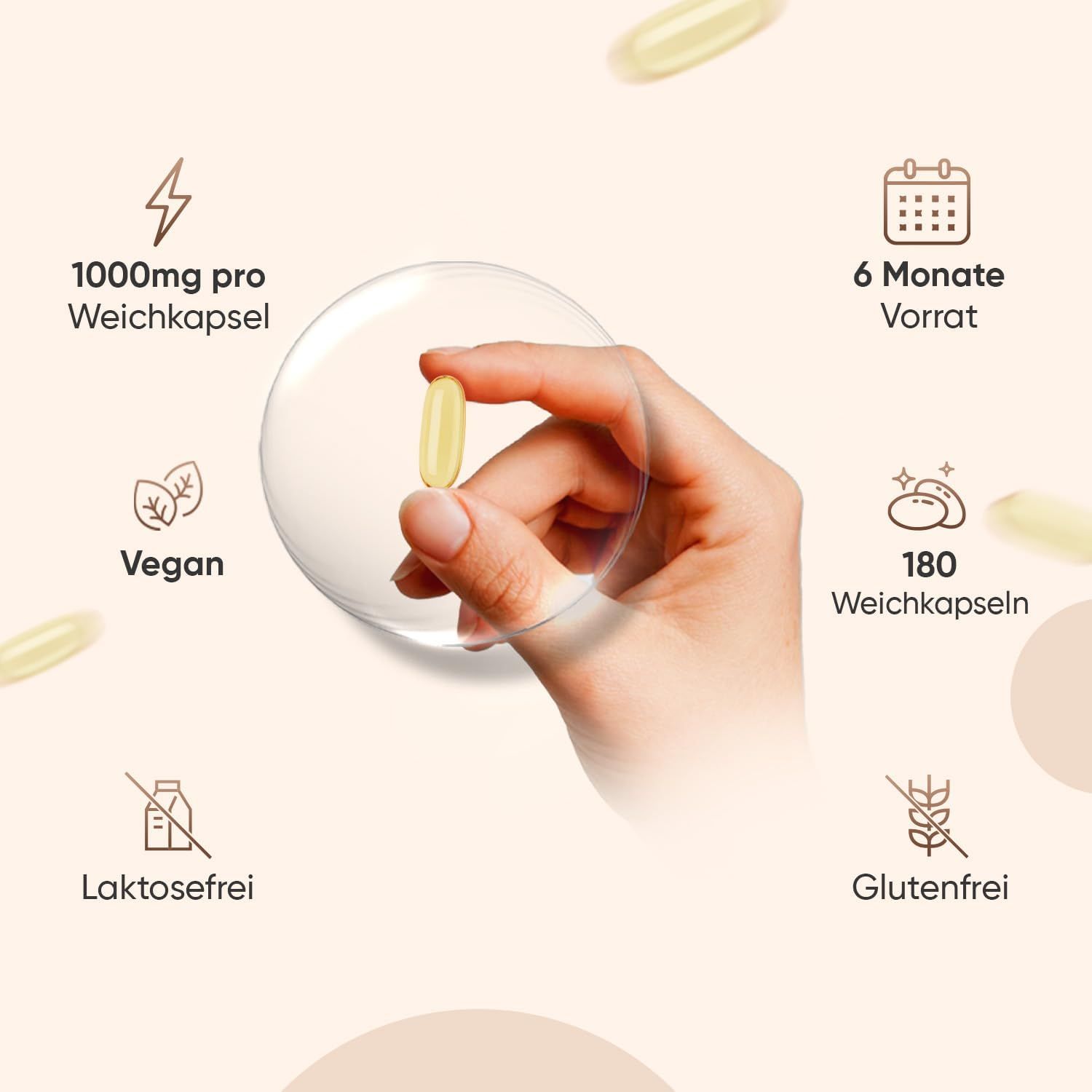 Hand hält eine Kapsel. Symbole: 1000mg pro Weichkapsel, 6 Monate Vorrat, vegan, 180 Weichkapseln, laktosefrei, glutenfrei.