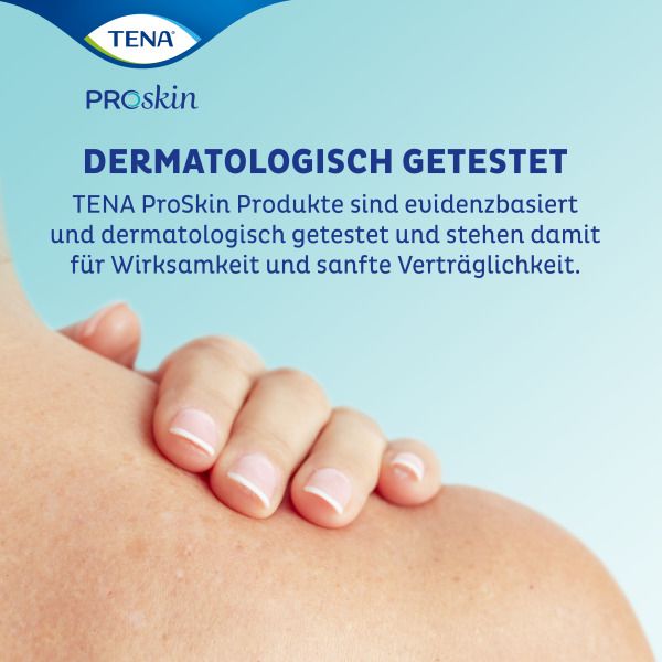 Text: Dermatologisch getest. Text: TENA ProSkin Produkte sind dermatologisch getestet und stehen für Wirksamkeit und Verträglichkeit.