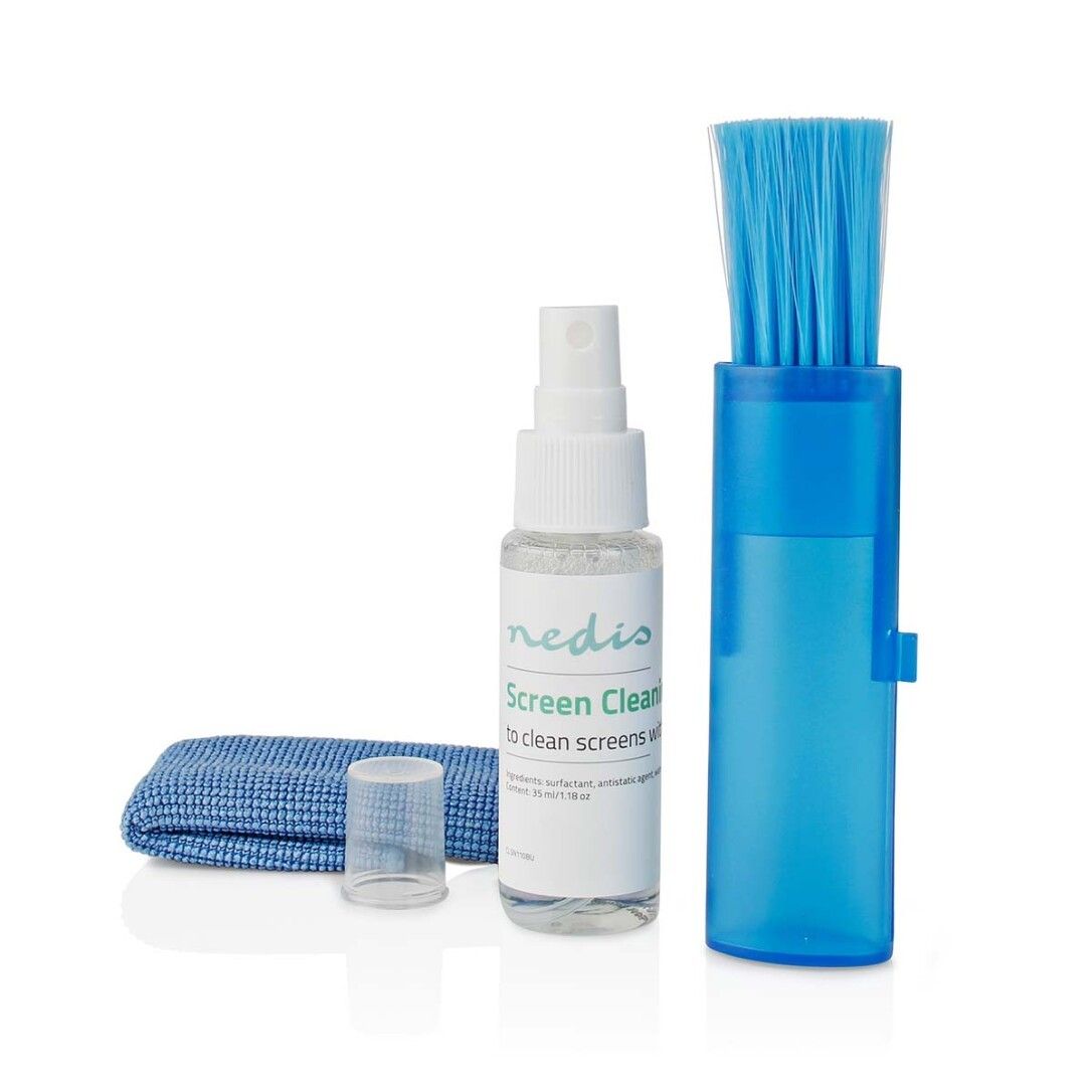 Bildschirmreiniger-Set mit Reiniger, Tuch und Bürste. Reinigerflasche mit Text: Screen Clear. Bürste in blauem Gehäuse.
