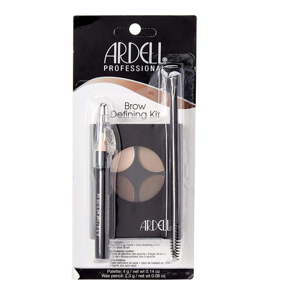 Ardell Brow Defining Kit. Enthält Augenbrauenstift, Puderpalette mit drei Farbtönen und Bürste. Schwarze Verpackung.