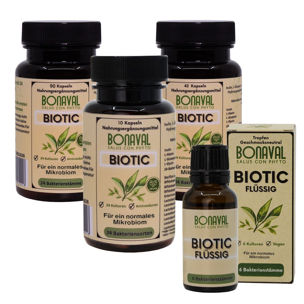 Drei Flaschen BONAVAL Biotic Kapseln und eine Flasche BONAVAL Biotic Flüssig. Eine Schachtel.
