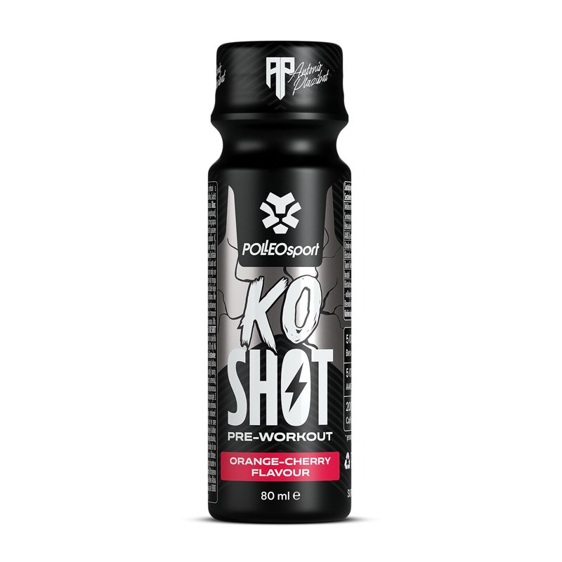Schwarze Flasche mit weißem Etikett. Text: KO SHOT Pre-Workout, Orange-Cherry Flavour, 80 ml e.