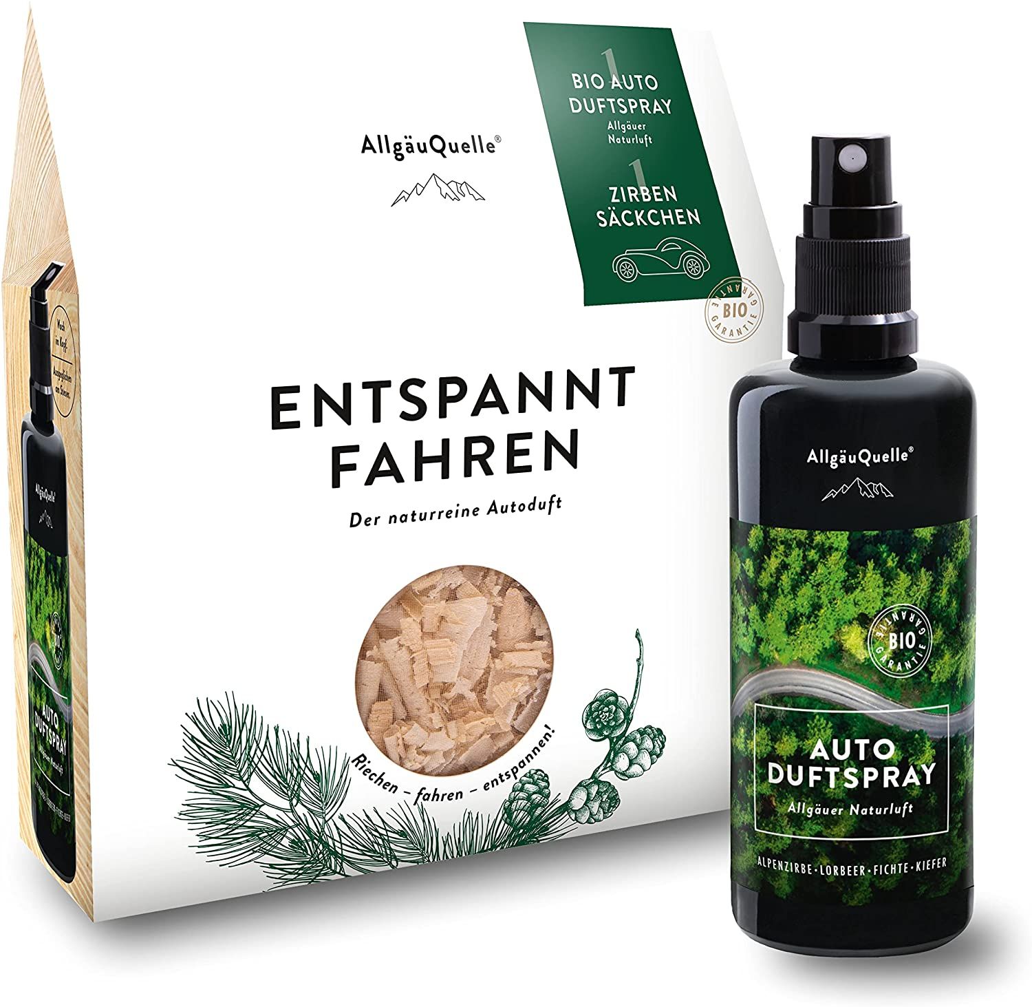 AllgäuQuelle Bio Autoduft-Set Lufterfrischer Alpenzirbe mit Zirben-Säckchen  als natürlichem Duftbaum 100 ml 