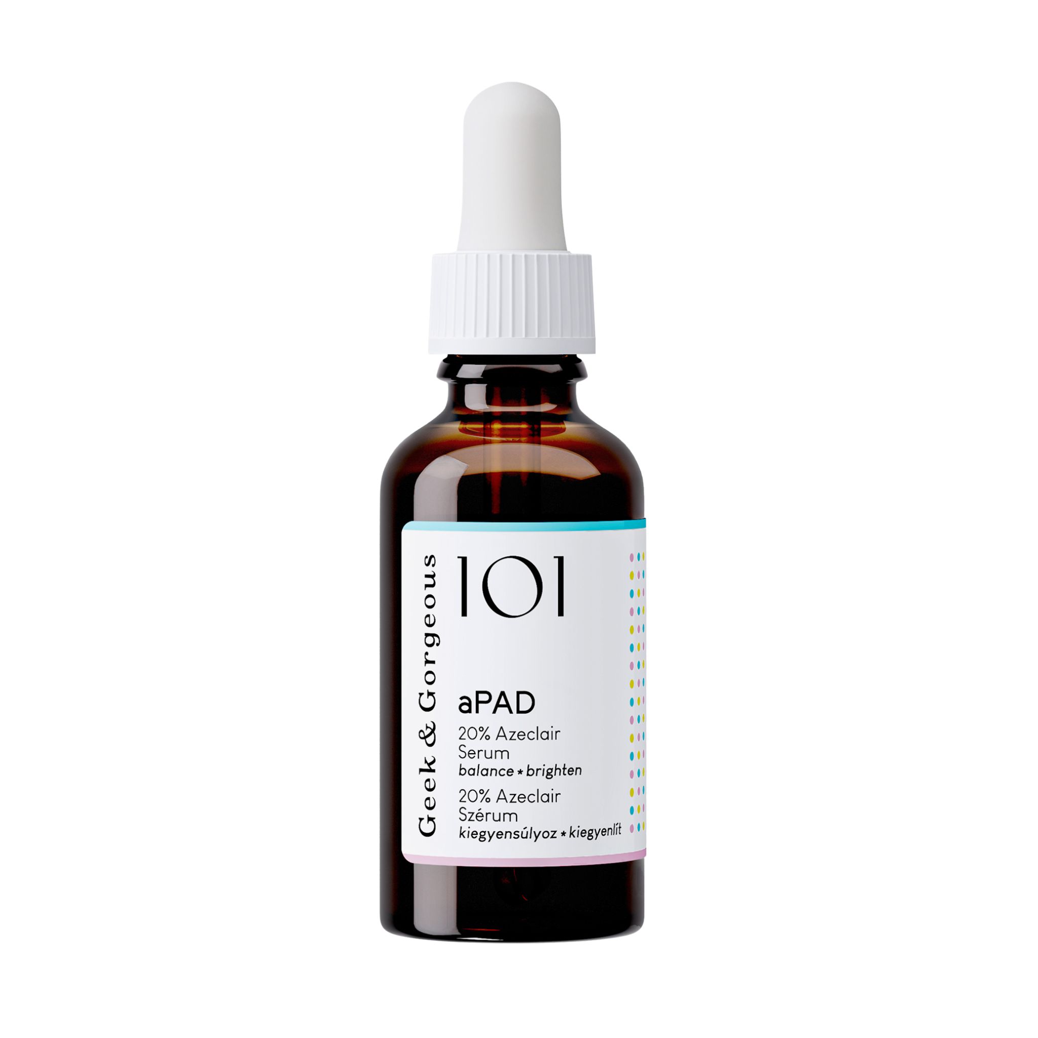 Braunglasflasche mit Pipette. Aufschrift: aPAD 20% Azelainsäure Serum. Marke: Geek & Gorgeous.