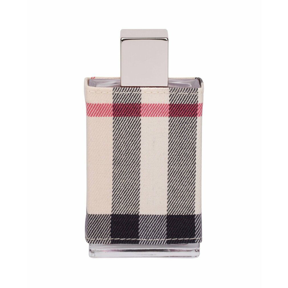 Burberry London Eau de Parfum Flakon. Beige kariert, silberner Verschluss. Transparenter Glasflakon.