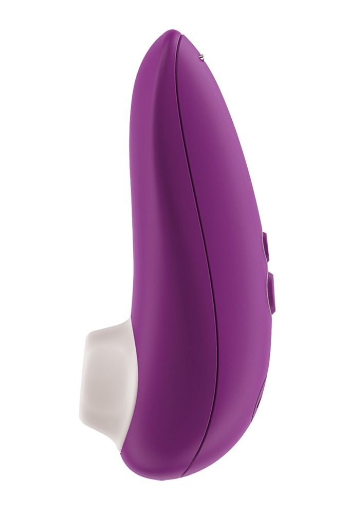 Lila Vibrator mit weißem Aufsatz. Bedienknöpfe. Tropfenförmig. Glatte Oberfläche.