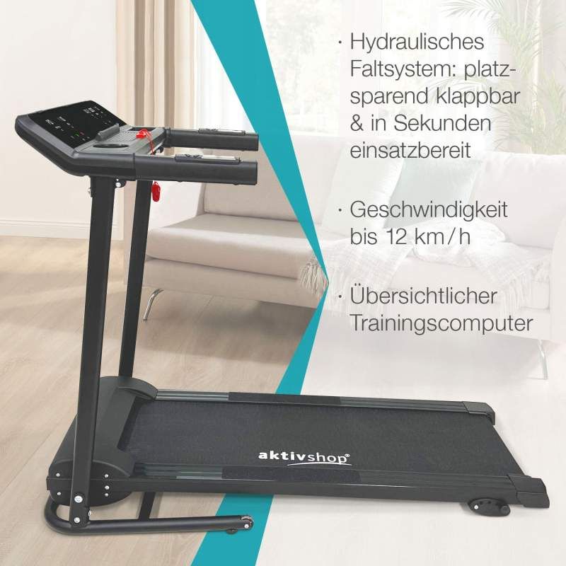 Schwarzes Laufband mit aktivshop-Logo. Text: Hydraulisches Faltsystem, Geschwindigkeit bis 12 km/h, Trainingscomputer.