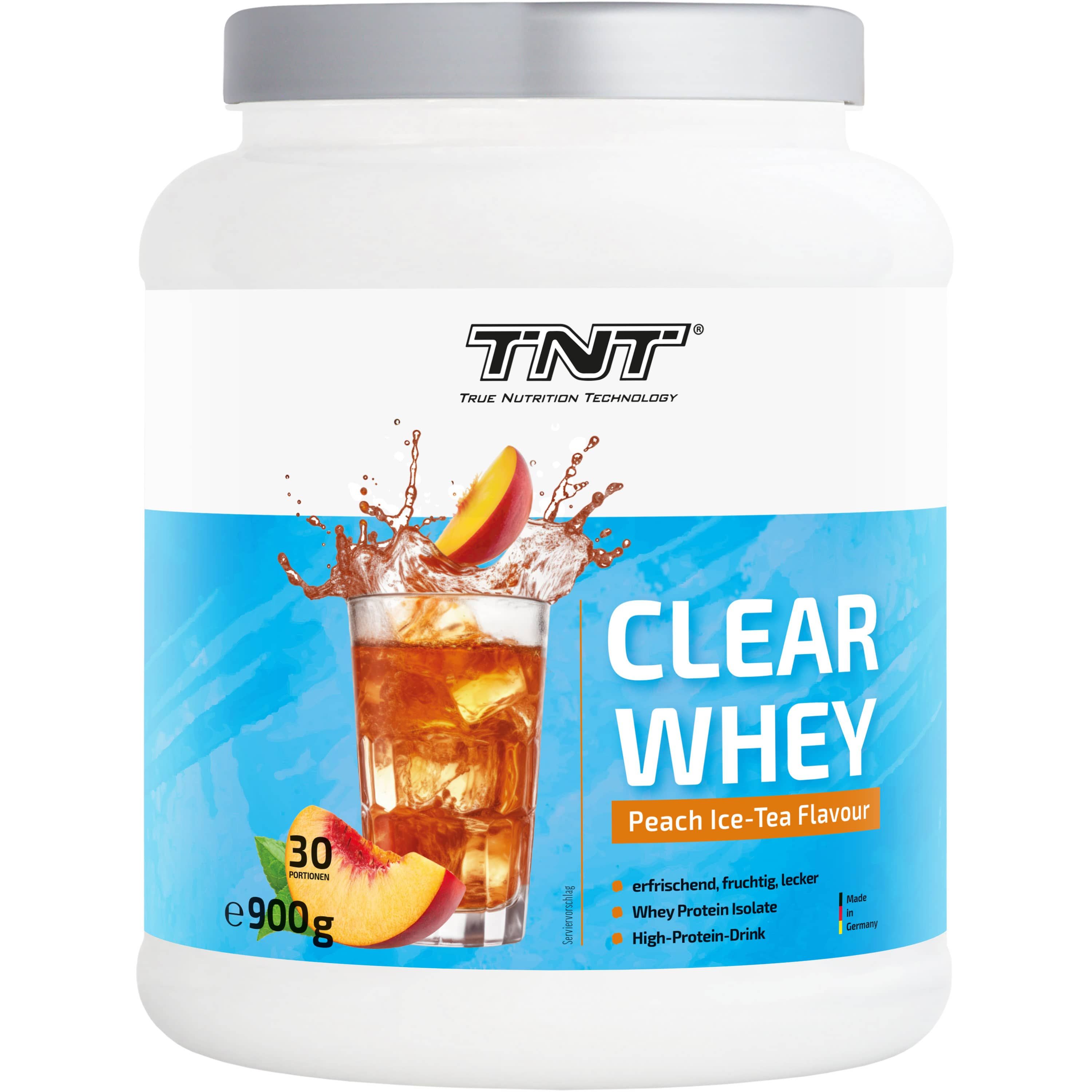 Weiße Dose mit TNT Clear Whey. Aufschrift: Clear Whey, Peach Ice-Tea Flavour. Abbildung eines Getränks mit Pfirsich.