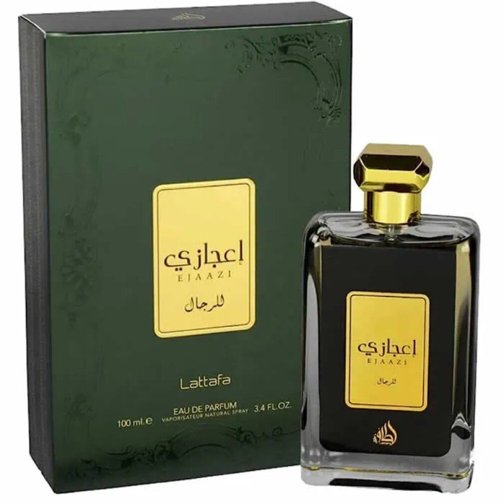 Ejaazi Eau de Parfum Flakon und Verpackung. Rechteckiger Flakon mit goldfarbenem Verschluss. Grüne Verpackung mit goldenem Etikett.