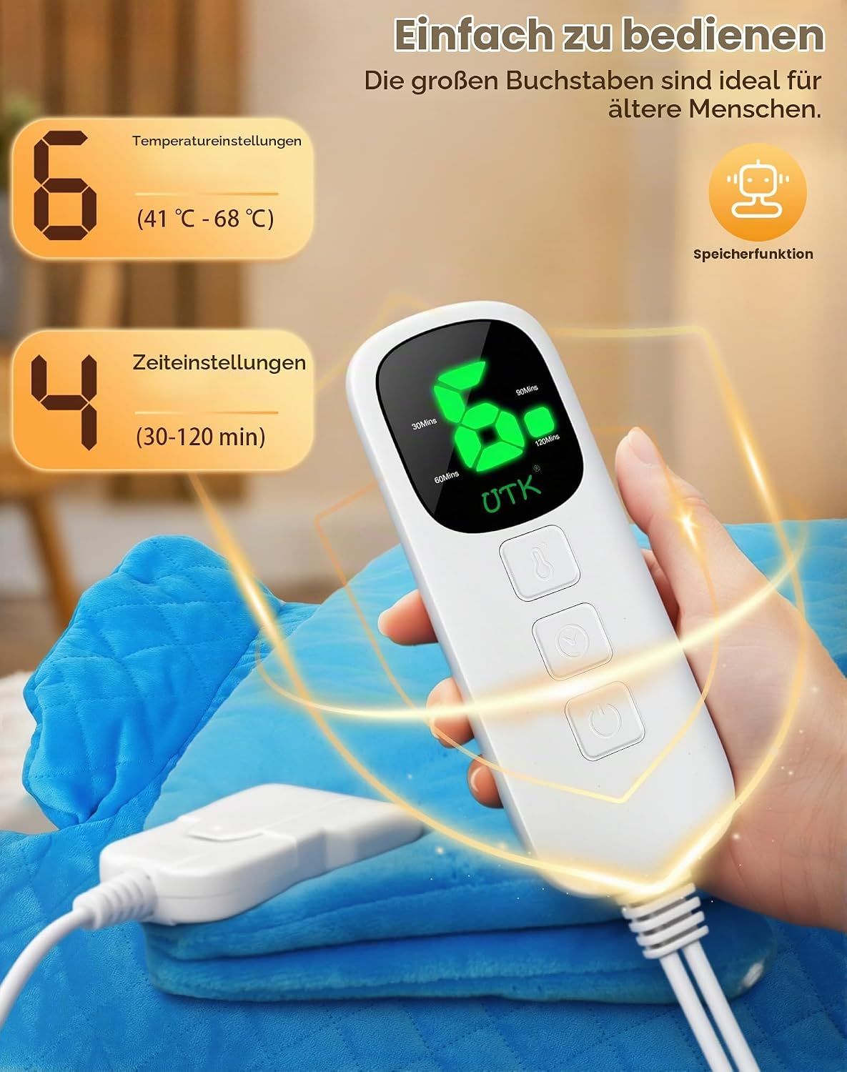 Nahaufnahme einer weißen Fernbedienung mit grünem LED-Display für eine elektrische Heizdecke.