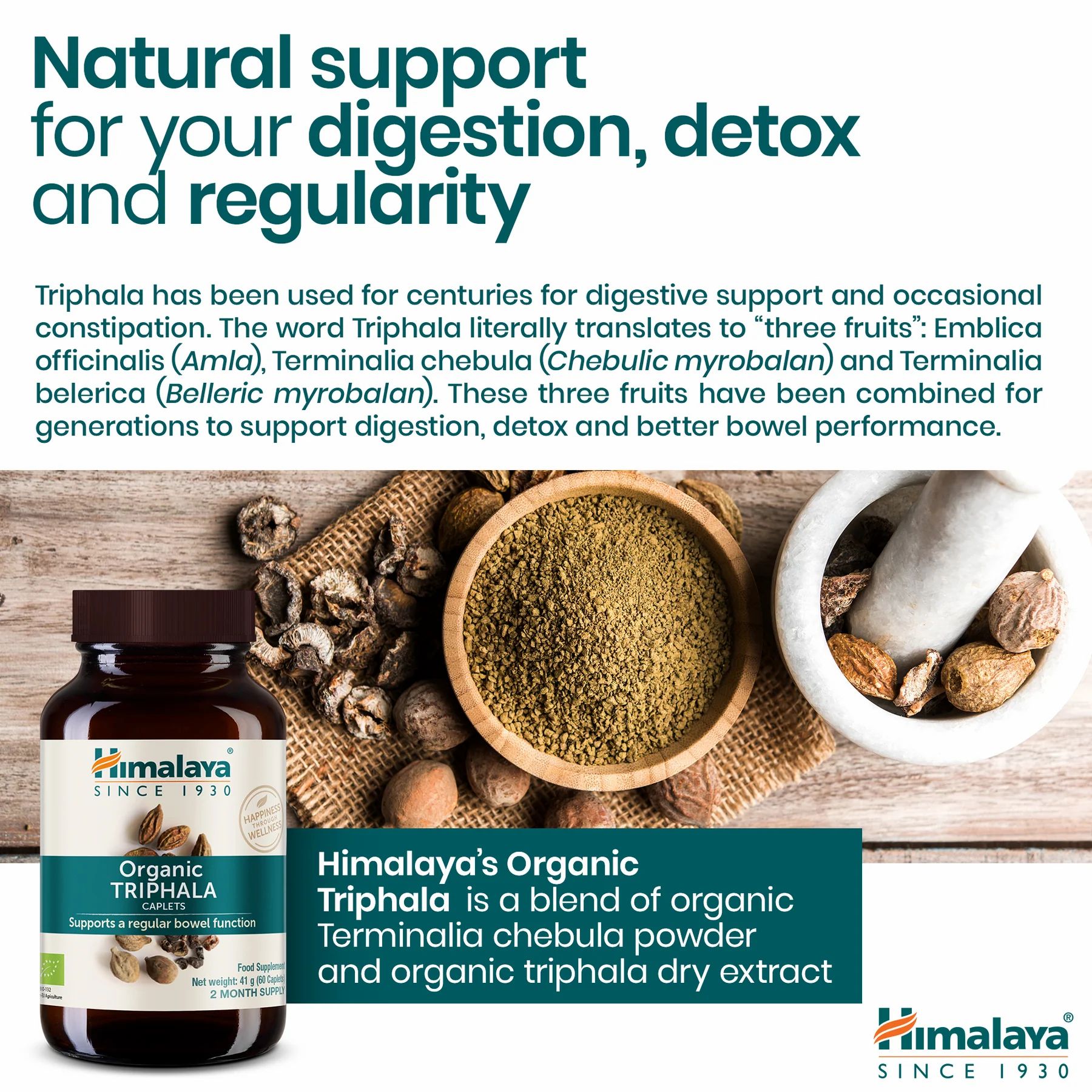Himalaya Bio Triphala in einer braunen Flasche, daneben eine Schale mit Pulver und Früchten. Text über Verdauung.