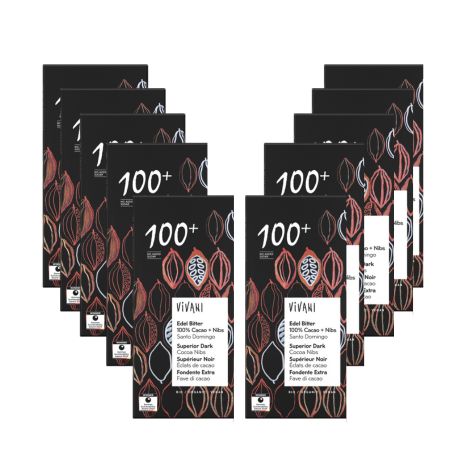Mehrere Tafeln dunkler Schokolade, schwarz mit braunen Illustrationen. Aufschrift: Vivani, Edel Bitter, 100% Kakao. Bio-Siegel.