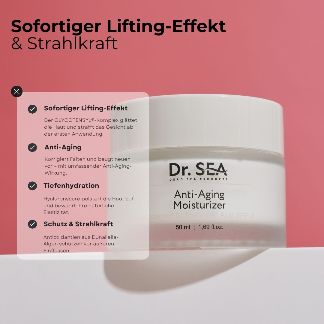Creme-Tiegel mit Text. Text: Sofortiger Lifting-Effekt & Strahlkraft. Anti-Aging Moisturizer.