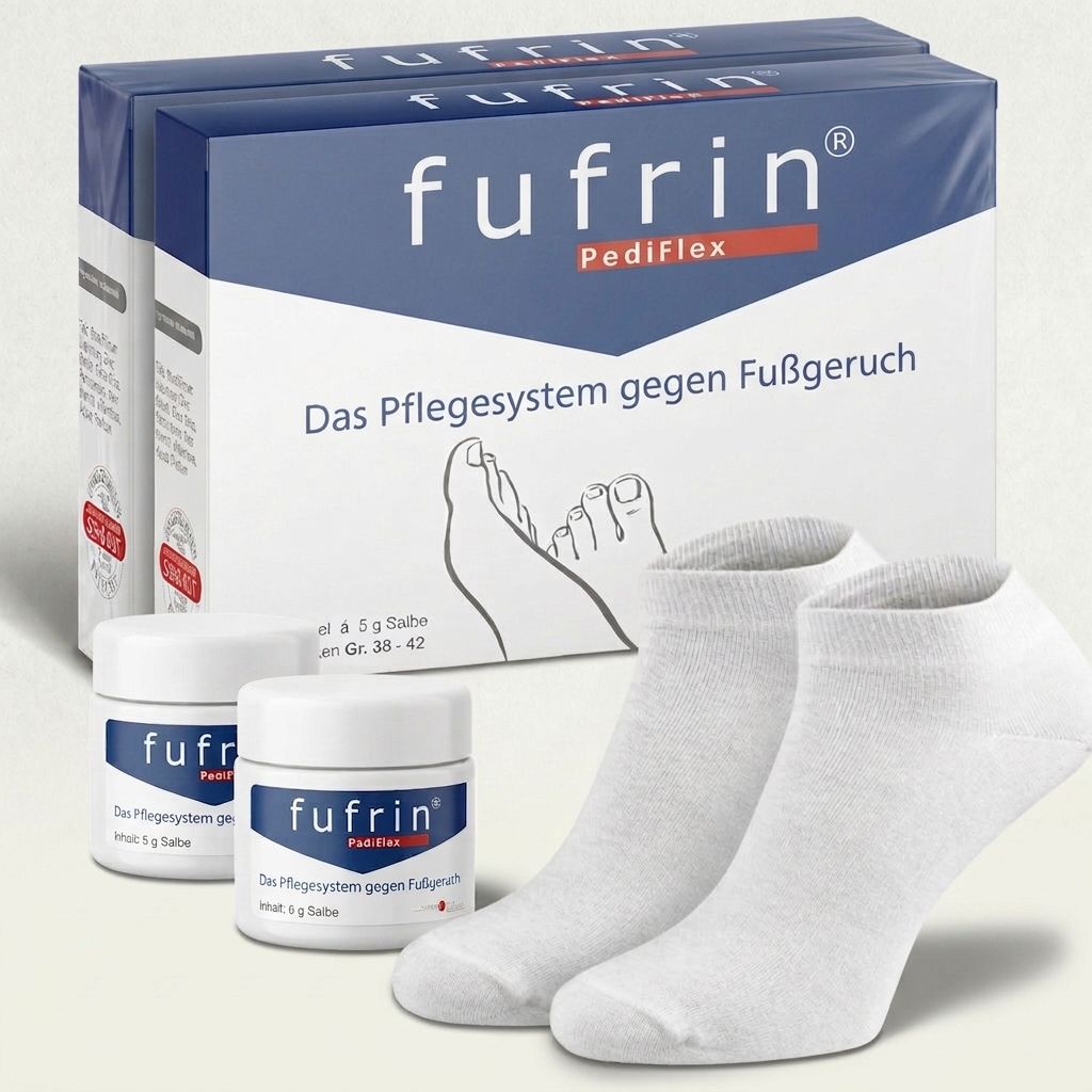Produkt-Set mit zwei Salbentiegeln, Socken und Produktbox. Box mit Produktname und Fußabbildung.