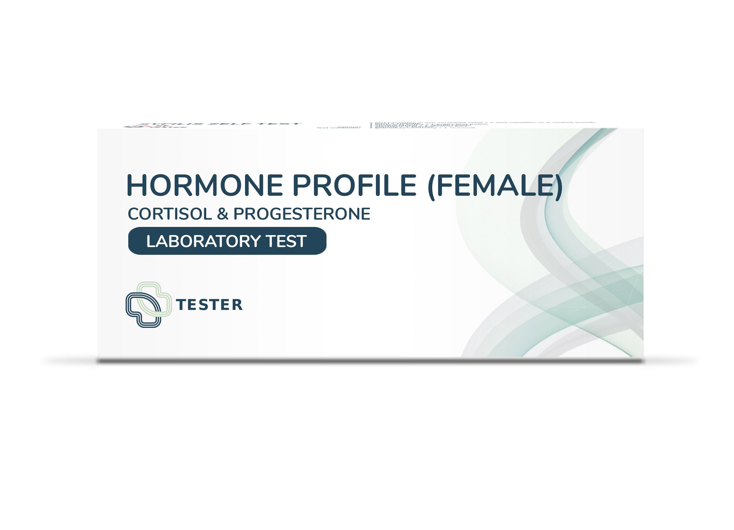 Weißer Karton mit Aufschrift "Hormonprofil (weiblich)". Enthält Cortisol & Progesteron. Labor Test. Logo und Wort "Tester".