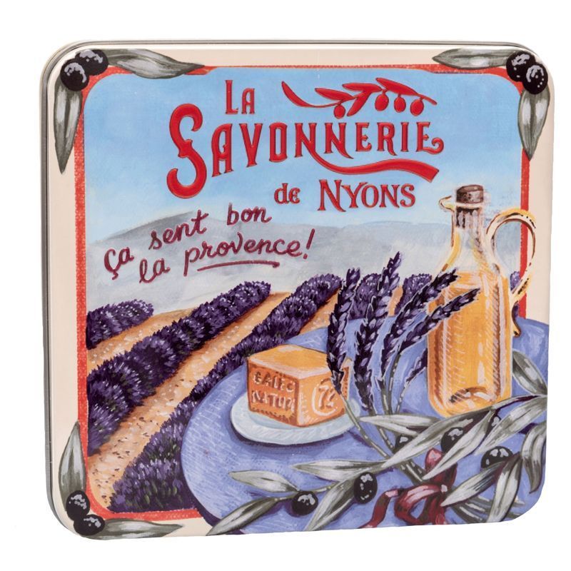 Metallbox mit Lavendelfeld-Motiv, Schriftzug "La Savonnerie de Nyons".