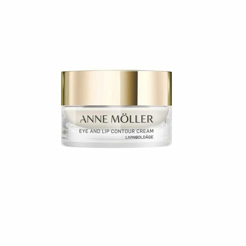 Creme-Tiegel. Aufschrift: Anne Möller, Eye and Lip Contour Cream. Goldener Deckel, weiße Creme.