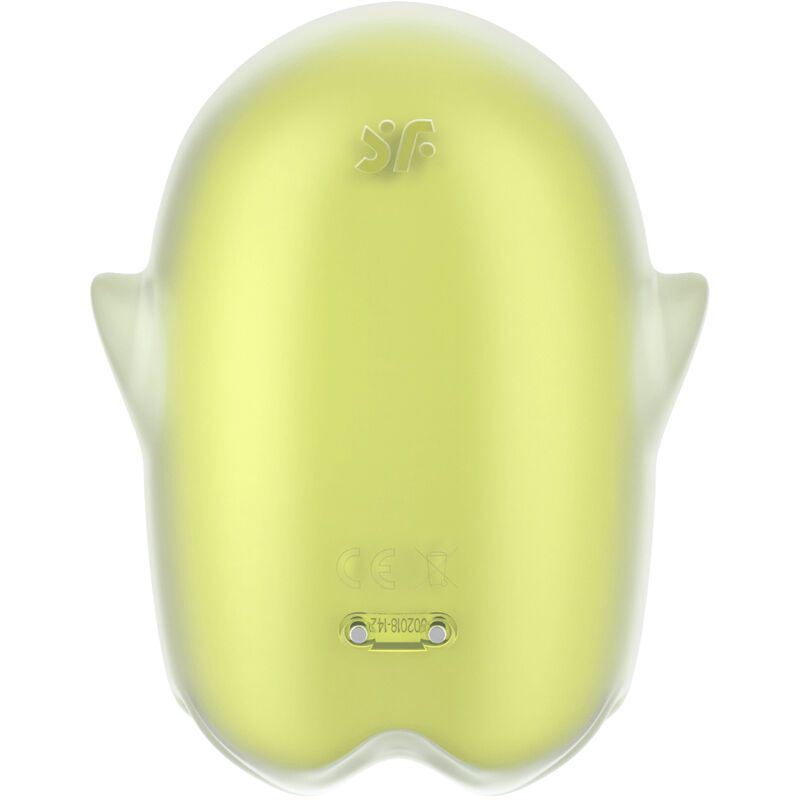 Rückansicht eines gelb-transparenten, geisterförmigen Vibrators. Zeigt das Logo und eine kleine Öffnung.