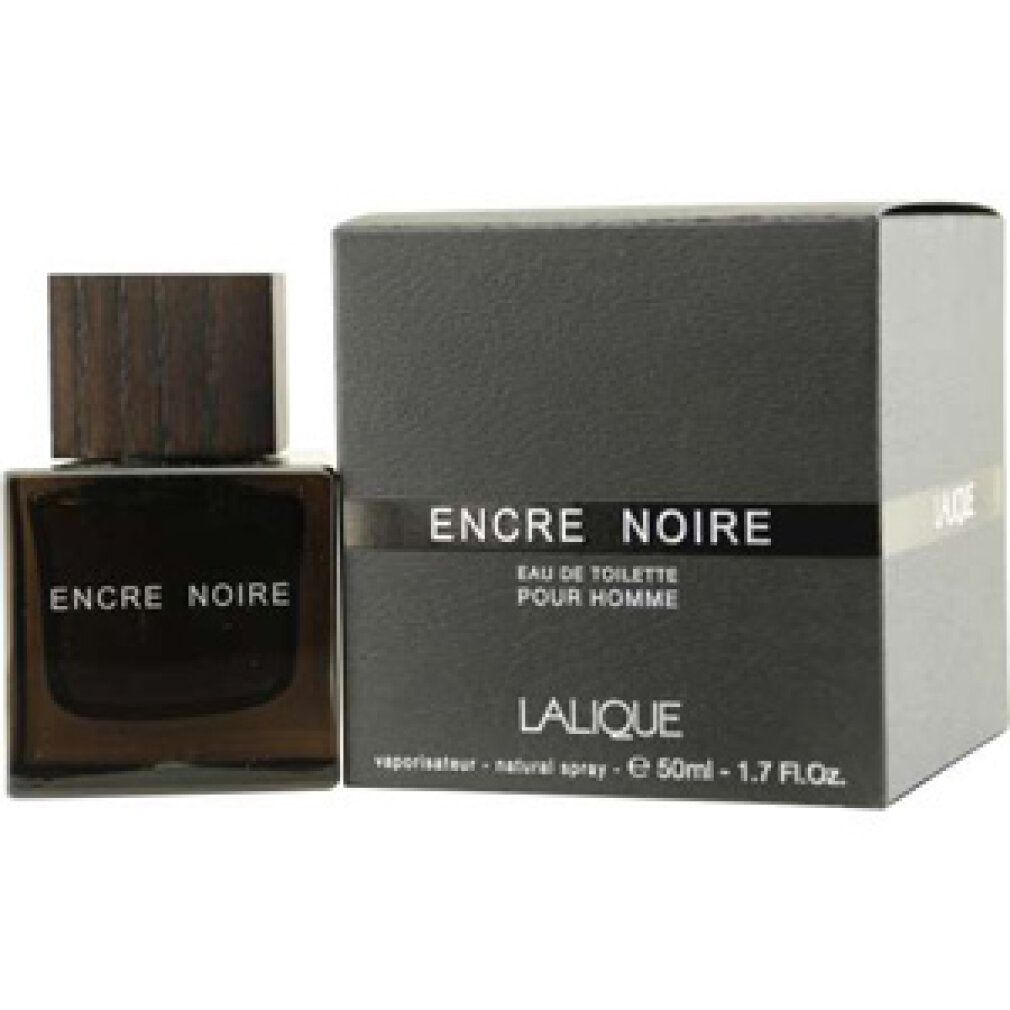 Schwarzer Flakon und Verpackung. Aufschrift: Encre Noire, Eau de Toilette Pour Homme, Lalique. Holzverschluss.