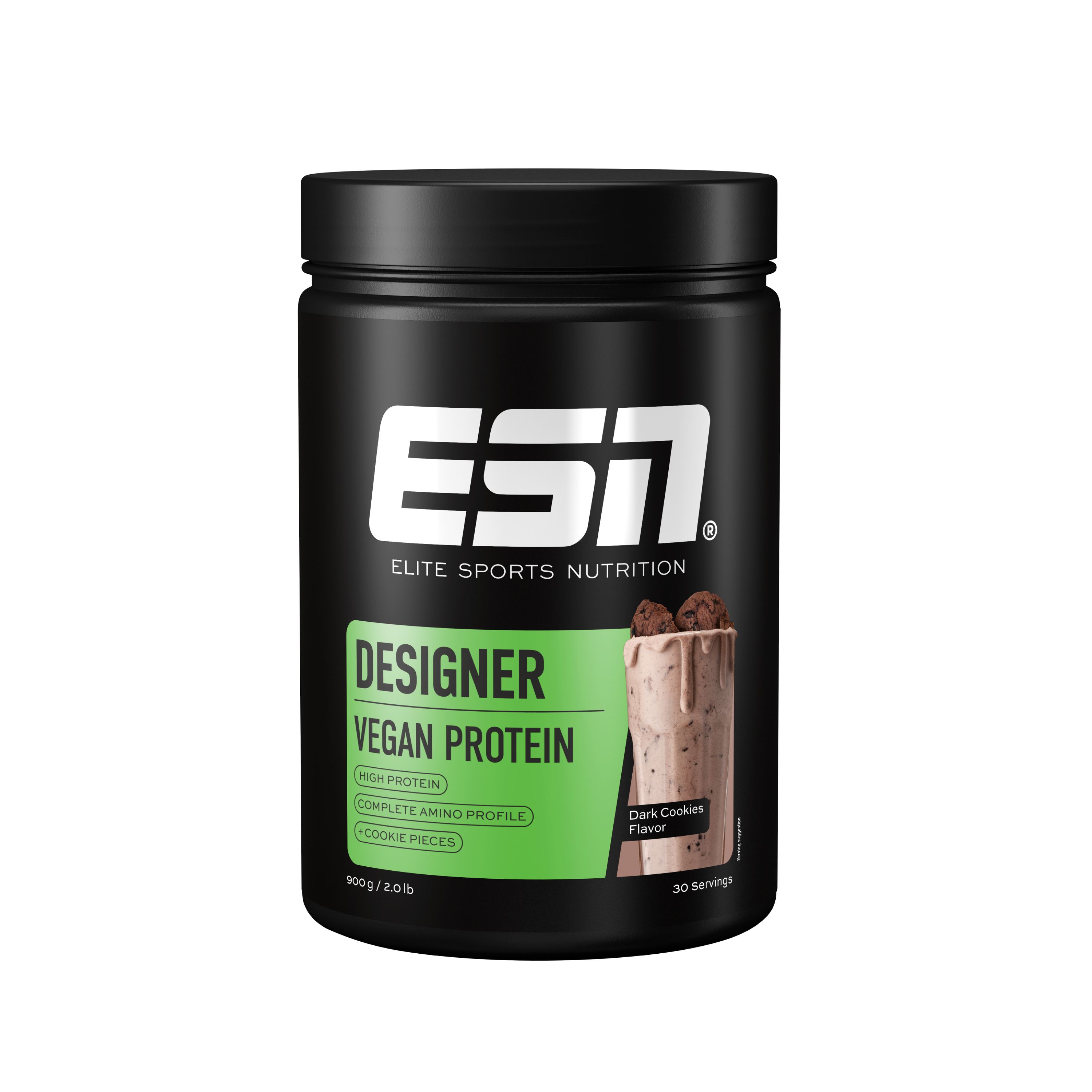 Schwarze Dose mit ESN-Logo und Produktbezeichnung. "Designer Vegan Protein" und "Dark Cookies Flavor" sind sichtbar.