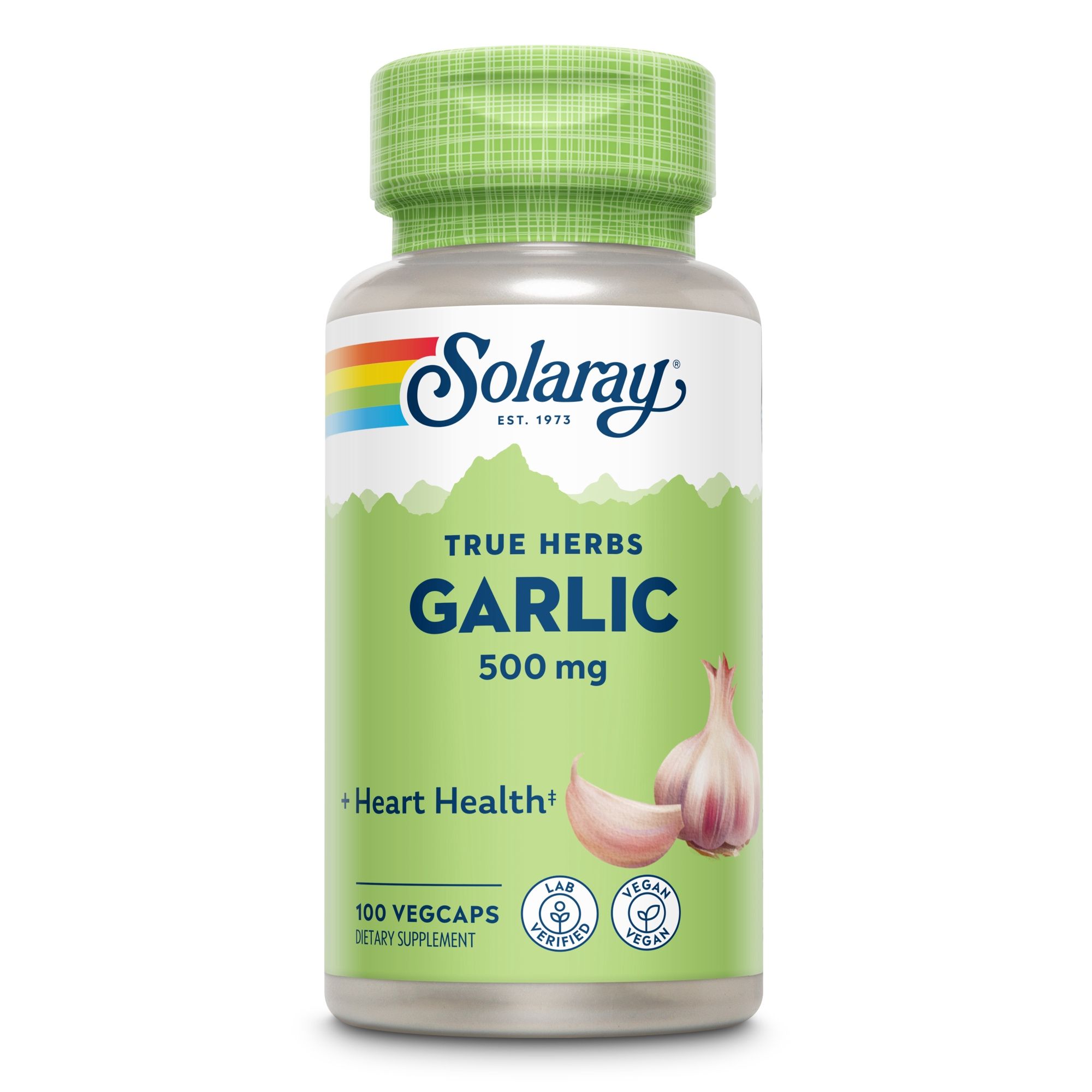 Solaray Knoblauch 500 mg Flasche. Aufschrift: True Herbs Garlic, 500 mg, 100 Vegcaps. Abbildung einer Knoblauchzehe. Vegan-Zertifizierung.