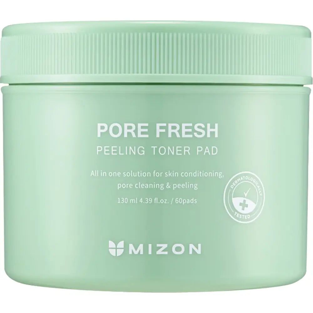 Grüne Dose mit Toner-Pads. Aufschrift: Pore Fresh Peeling Toner Pad, 130 ml, 60 Pads. Marke: MIZON. Dermatologisch getestet.