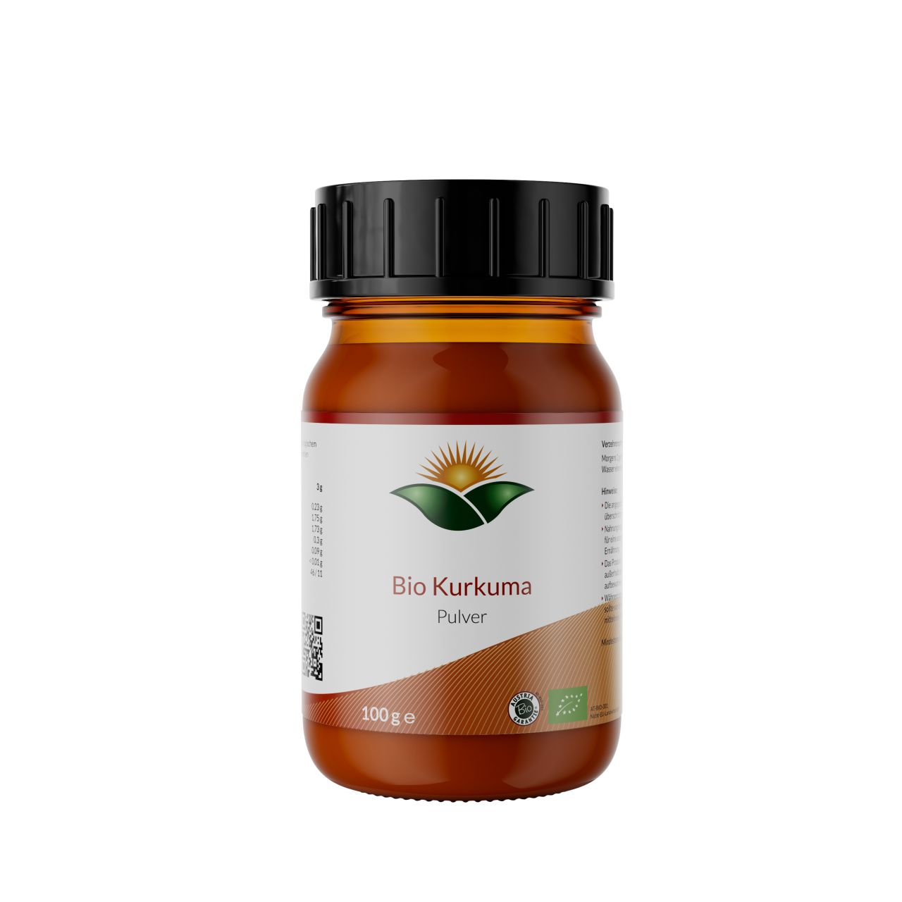 Braune Glasflasche mit schwarzem Deckel, gefüllt mit Bio Kurkuma Pulver. Etikett zeigt Sonne über Hügeln, "Bio Kurkuma Pulver", "100g e" und Bio-Siegel.