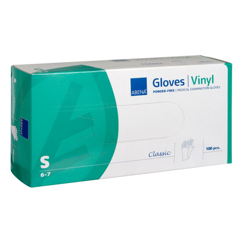 Verpackung mit Vinyl-Handschuhen, puderfrei. Marke ABENA. Größe S. 100 Stück. Medizinische Untersuchungshandschuhe.