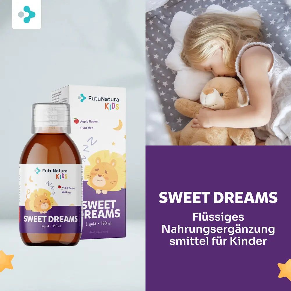 Kind schläft mit Teddybär. Flasche und Schachtel Sweet Dreams. FutuNatura Kids. Text: Flüssiges Nahrungsergänzungsmittel.