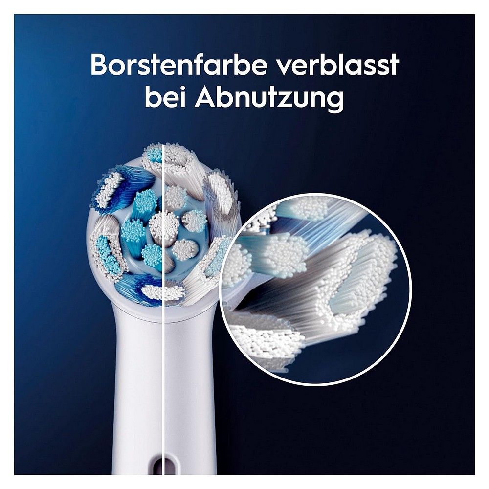 Vergleich: Abgenutzter Bürstenkopf links, neuer Bürstenkopf rechts. Borstenfarbe verblasst.