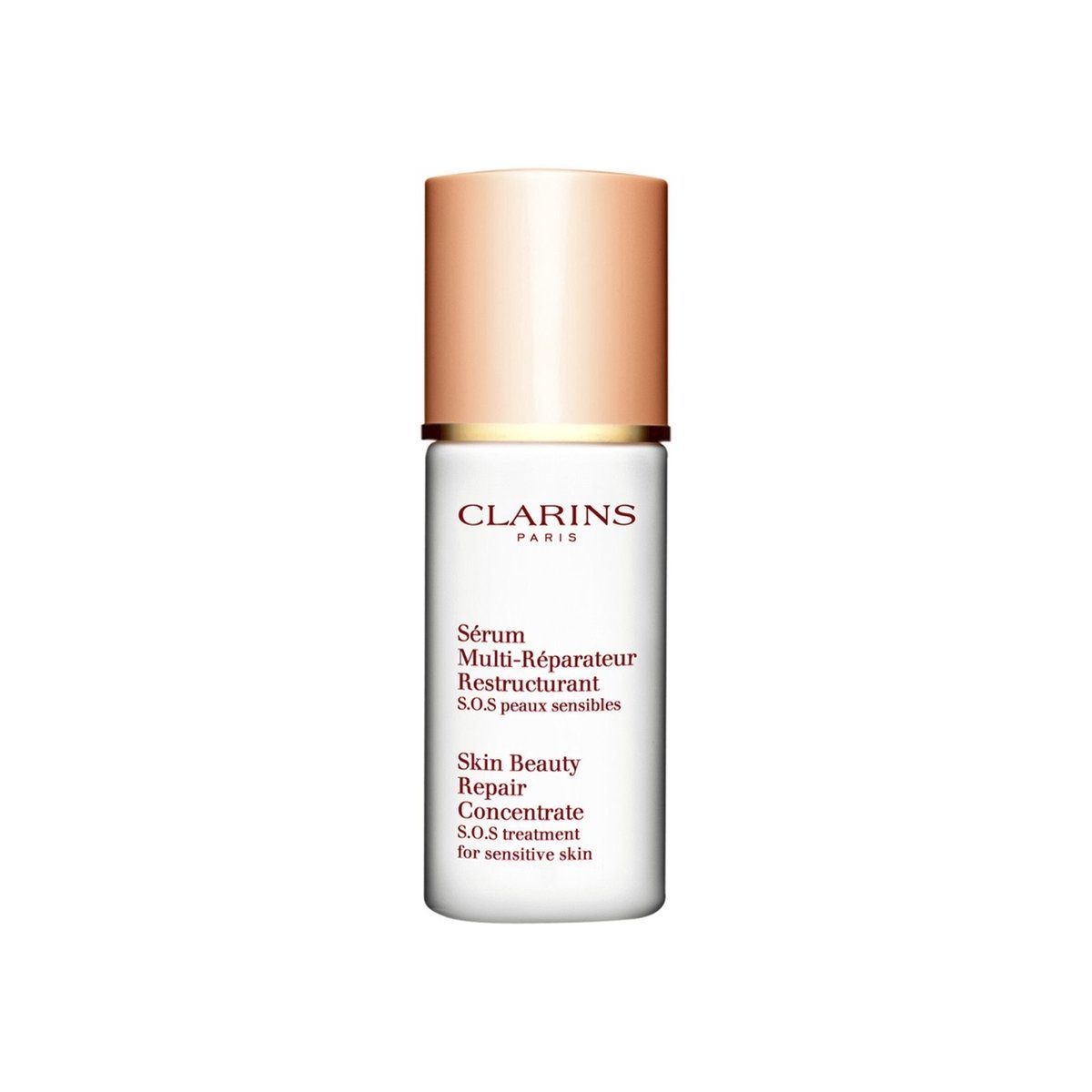 Kleine, weiße Flasche mit rosafarbenem Deckel. Aufschrift: CLARINS PARIS, Sérum Multi-Réparateur Restructurant, Skin Beauty Repair Concentrate.