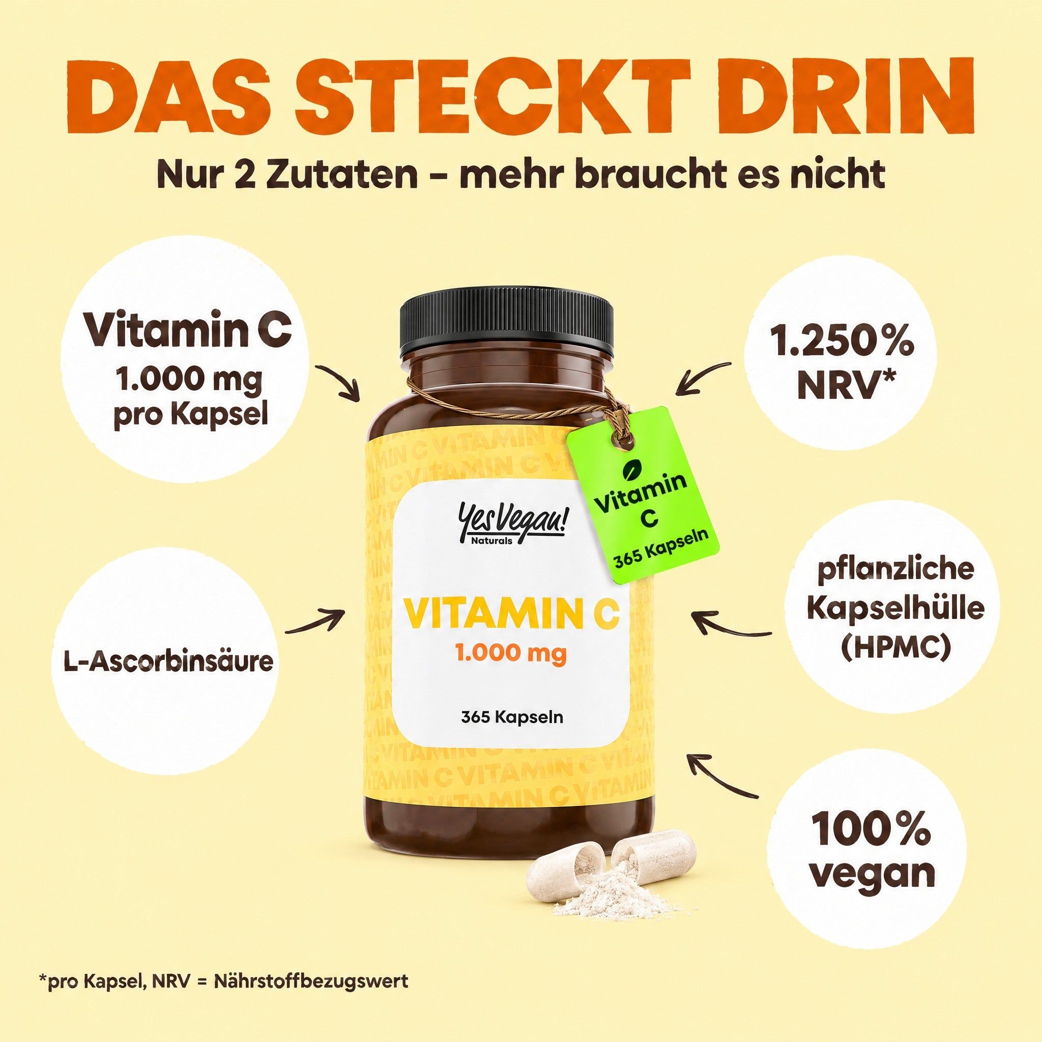 Flasche mit 365 Kapseln Vitamin C 1.000 mg, 100% vegan, pflanzliche Kapselhülle.