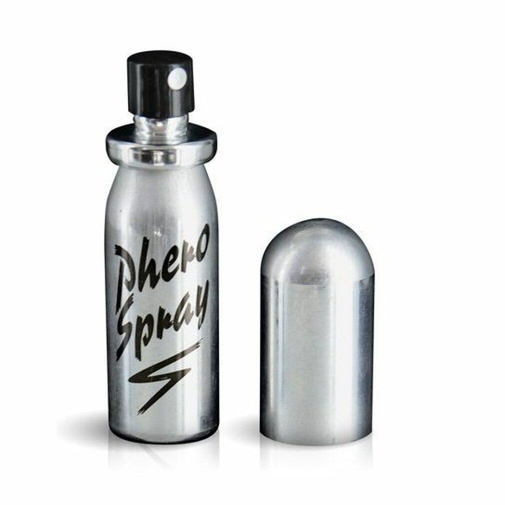 Silberfarbene Sprühflasche mit schwarzem Schriftzug Phero Spray. Schwarzer Sprühkopf und abgenommene Kappe.