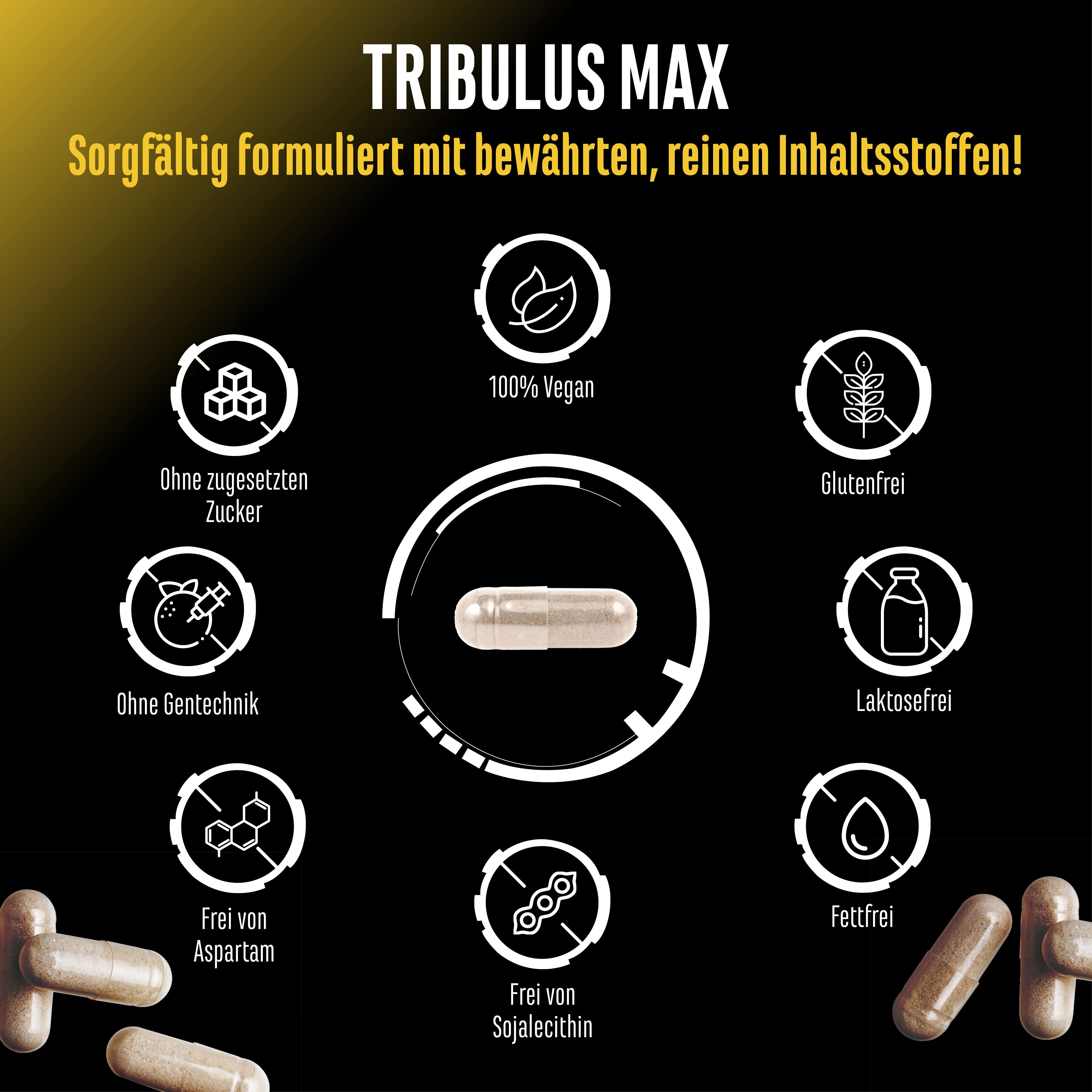 Kapsel in der Mitte, umgeben von Symbolen: ohne Zucker, 100% vegan, glutenfrei, ohne Gentechnik, laktosefrei, frei von Aspartam, fettfrei, frei von Sojalecithin.