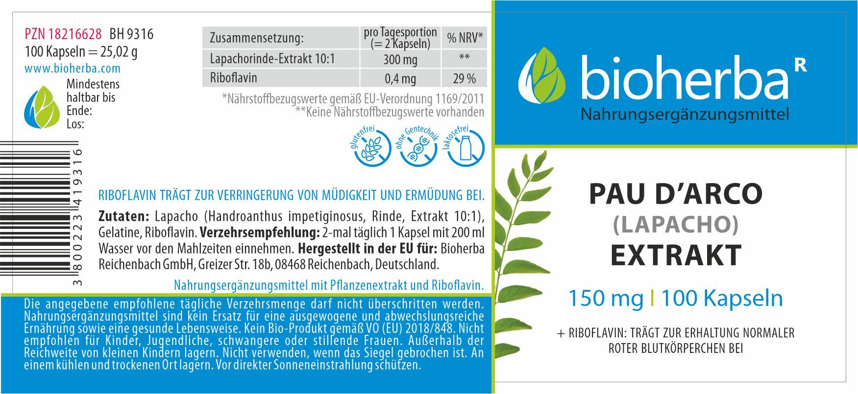 Etikett mit blauem Streifen und weißer Schrift. Text: Bioherba, Pau D'Arco Extrakt, 150 mg, 100 Kapseln. Enthält Informationen zu Inhaltsstoffen und Nährwerten.