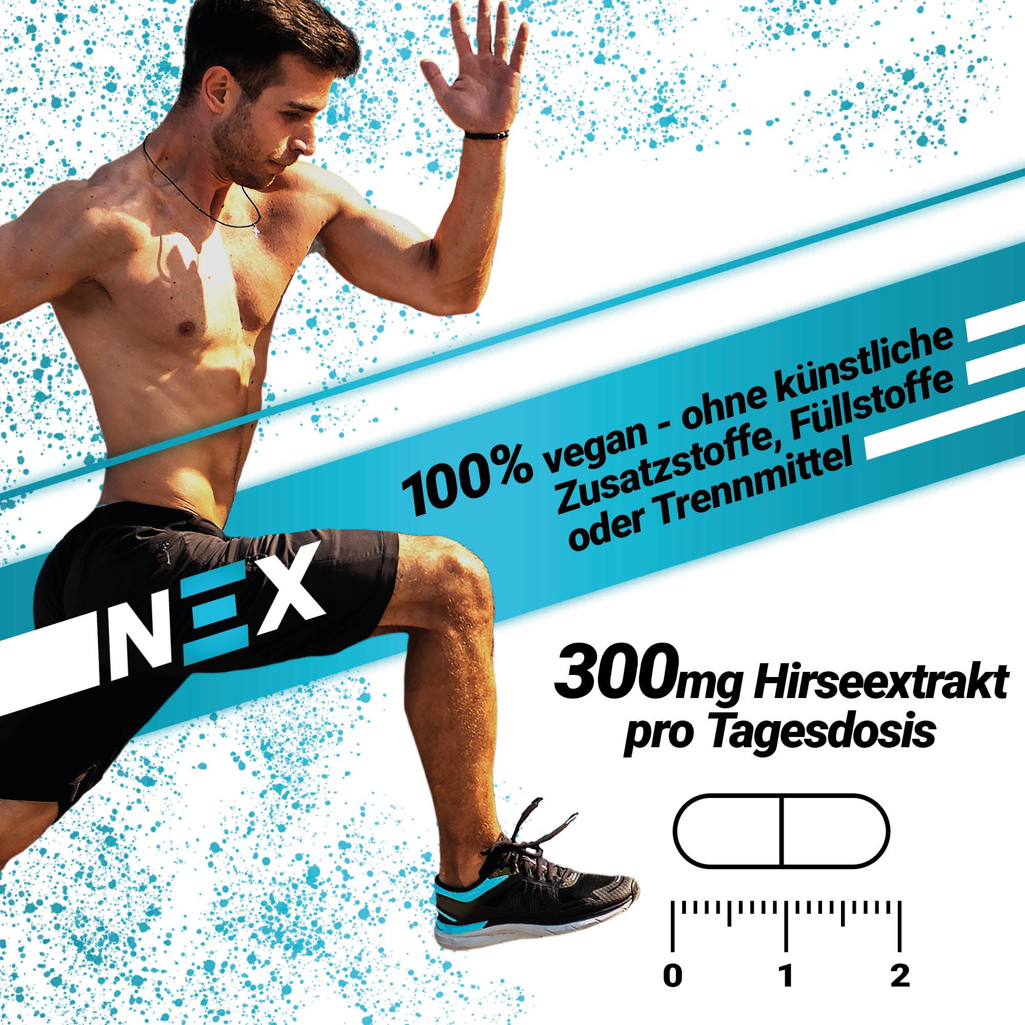Mann in Sportkleidung. Text: 100% vegan. 300mg Hirseextrakt. Kapsel-Symbol mit Maßstab.