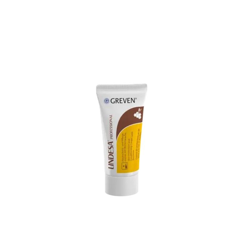 Creme-Tube mit weißem Deckel. Aufschrift: LINDESA PROFESSIONAL, GREVEN. Braune und gelbe Akzente.