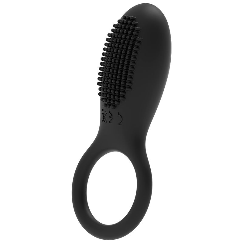 Schwarzer Vibrationsring mit erhabener Textur auf dem oberen Teil und Ring. CE-Kennzeichnung.