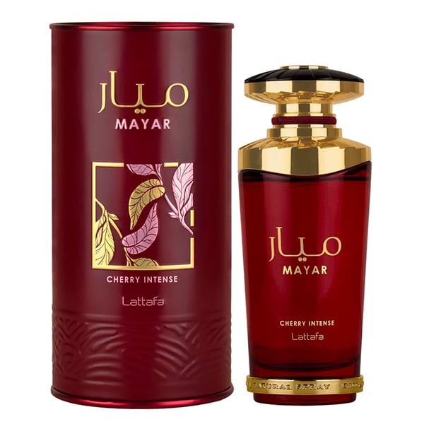 Rote Parfumflasche und Dose. Goldfarbene Akzente. Aufschrift: MAYAR, CHERRY INTENSE, Lattafa. Abbildung von Blättern.