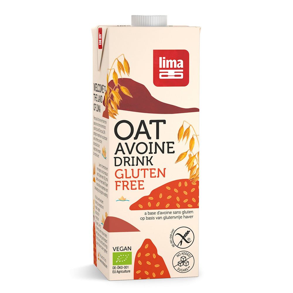 Getränkekarton mit Aufschrift 'Oat Drink Gluten Free' und Logo 'lima'. Vegan, glutenfrei, ohne Zuckerzusatz.