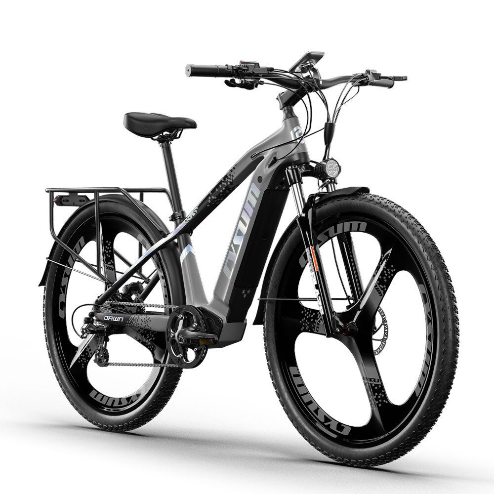 Graues Elektrofahrrad mit schwarzen Rädern. CYSUM-Logo, Gepäckträger und Scheinwerfer sichtbar.