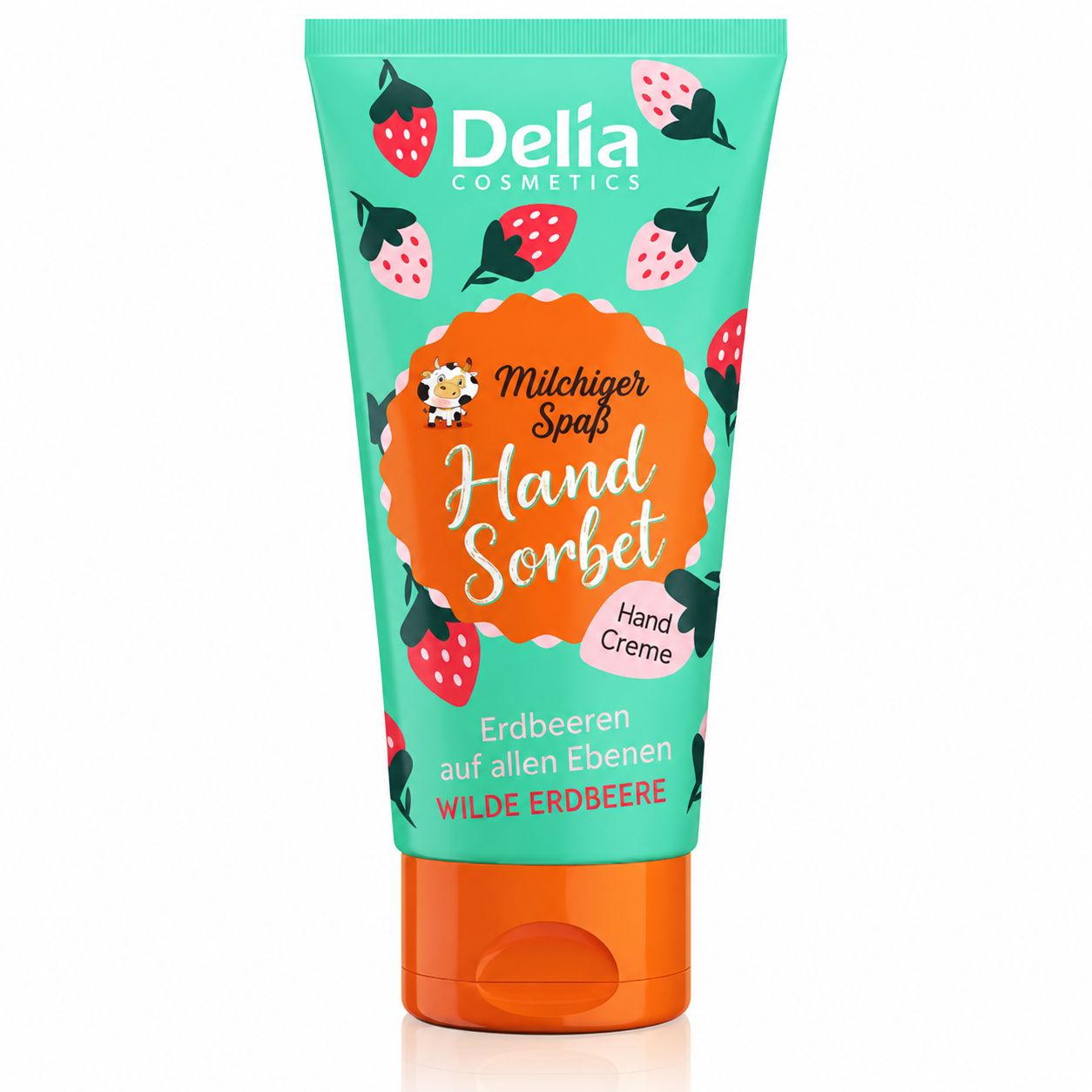 Handcreme-Tube "Milchiger Spaß Hand Sorbet" mit Erdbeeren.