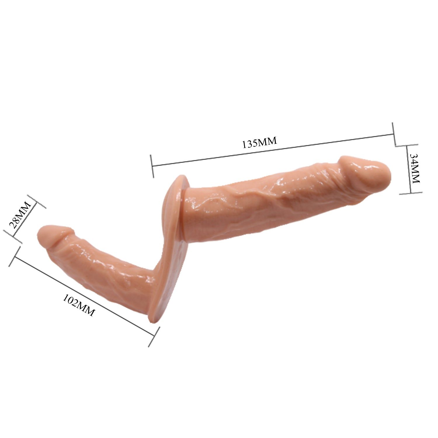 Beigefarbener Doppel-Dildo mit Größenangaben. Maße: 135mm, 102mm, 34mm und 28mm.