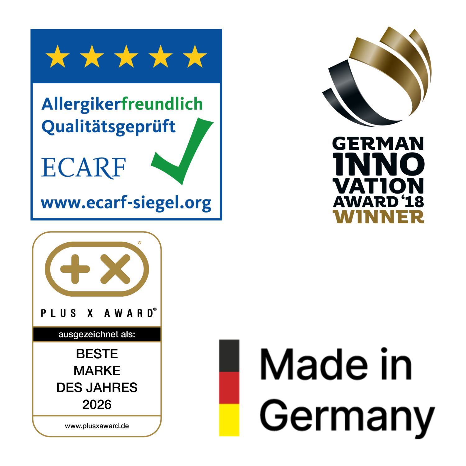 Siegel: ECARF, German Innovation Award '18, Plus X Award 'Beste Marke'. Made in Germany.