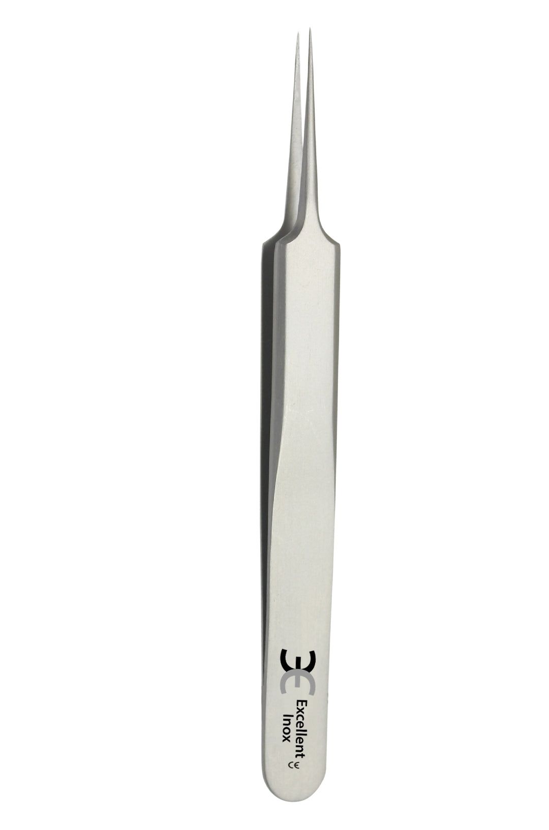 Splitterpinzette aus Metall. Die Spitze ist spitz zulaufend. Auf dem Griff ist der Schriftzug "Excellent inox" zu sehen.